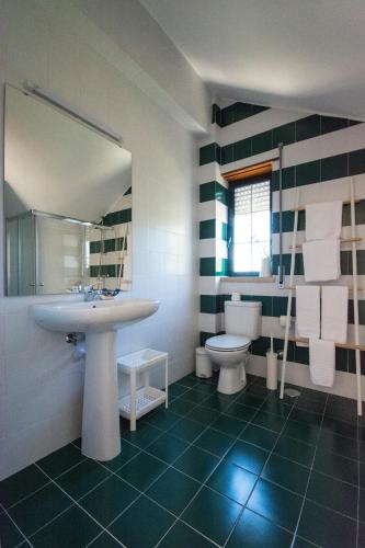 a bathroom with a sink and a toilet and a mirror at Villa Nova Nautic & Nature in Eira do Chão