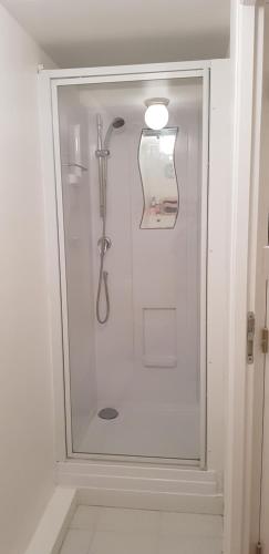 eine Dusche im Bad mit Glastür in der Unterkunft l’appart Malouin à 50M de la plage in Dunkerque