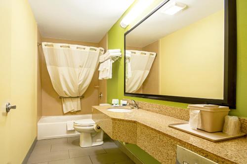 La salle de bains est pourvue d'un lavabo, de toilettes et d'un miroir. dans l'établissement Quality Inn & Suites Glenmont - Albany South, à Glenmont