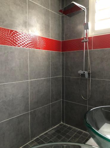 a bathroom with a shower and a sink at Be On The Beach in Sainte-Anne
