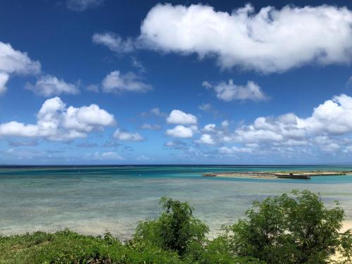 a view of a beach with a boat in the water at Nuchigusui House in Motobu