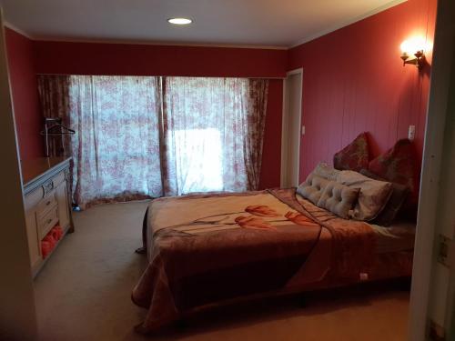 een slaapkamer met een bed met rode muren en een raam bij Devonport Charm house in Auckland