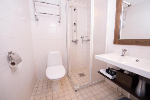 a white toilet sitting next to a sink in a bathroom at Hotel Ylläsrinne in Ylläsjärvi