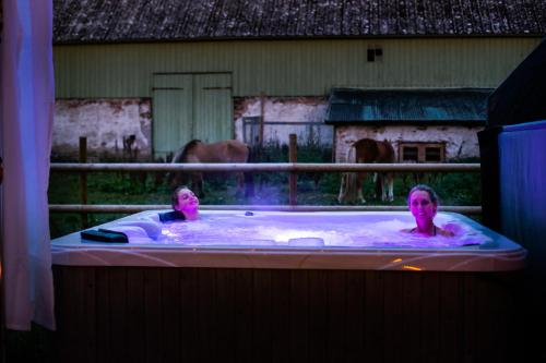 摩爾比蘭加的住宿－Ölands Yoga Studio & Islandshästar, Stugor & Rum，两人在热水浴池内,背靠马