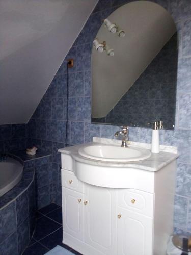 a bathroom with a sink and a mirror at Panorama Apartman in Csopak