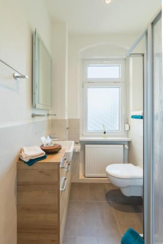 ein Bad mit einem Waschbecken, einem WC und einem Fenster in der Unterkunft "Sleep & Relax" Apartement in Dresden