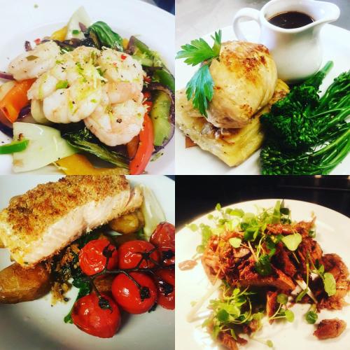 a group of four pictures of food on plates at The Cherry Tree in Woodbridge