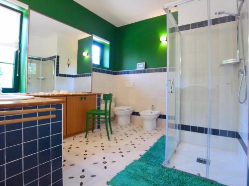 uma casa de banho com paredes verdes, um chuveiro e um WC. em Società Agricola La Staccionata em Staranzano