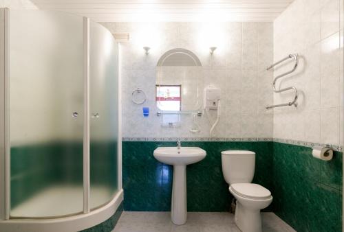 セルギエフ・ポサードにあるPansionat Voskhodのバスルーム(シャワー、トイレ、シンク付)