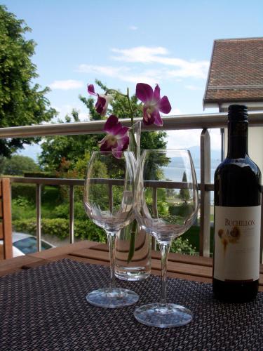 two wine glasses sitting on a table with a bottle of wine at Lodge & lake in Buchillon