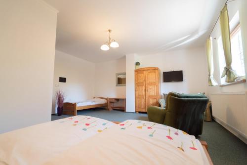a bedroom with a bed and a chair and a desk at Pension U Stříbrného Jelena in Cheb