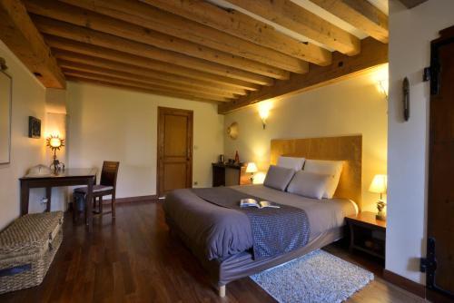 a bedroom with a bed and a table and a desk at L'Aube du Moulin in Gleizé