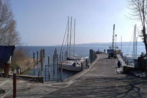 a group of boats docked at a dock on the water at Hotel Zum Römer in Überlingen