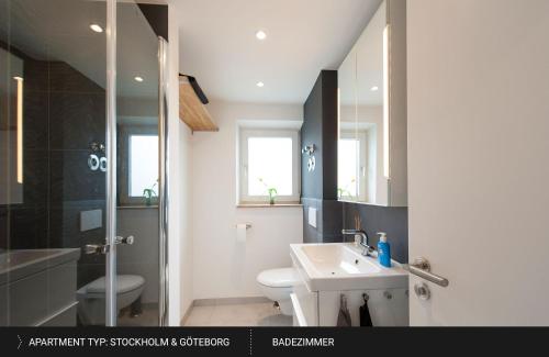 a bathroom with a sink and a toilet and a shower at HEJ Apartments Bayreuth in Bayreuth