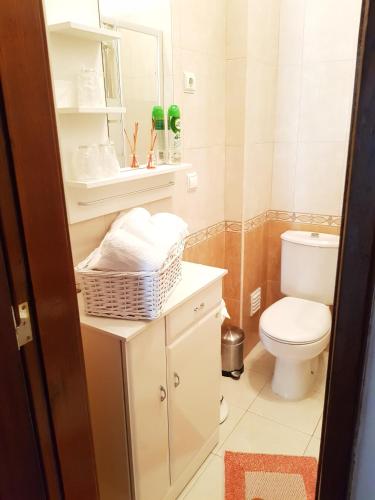 a bathroom with a toilet and a sink and a mirror at Apartamento Sado in Setúbal