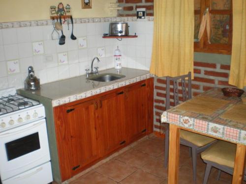 uma cozinha com um lavatório e um fogão em Cabañas Tunquelen em El Bolsón
