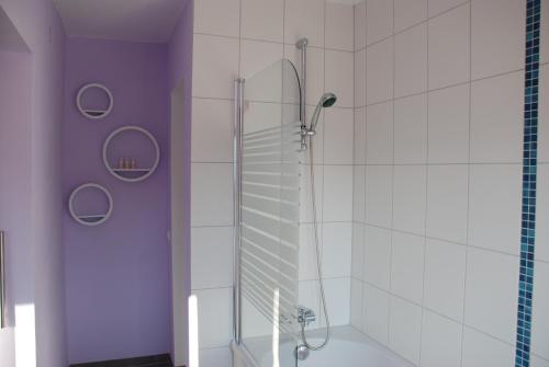 a bathroom with a shower with a glass door at Hinter den Spiegeln in Heimbach