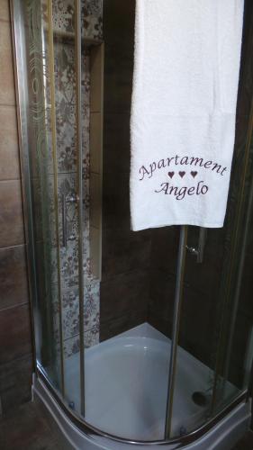 a towel is hanging on a shower in a bathroom at Apartament Angelo in Sosnowiec