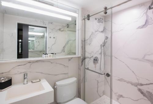 e bagno con servizi igienici, lavandino e doccia. di Aliz Hotel Times Square a New York