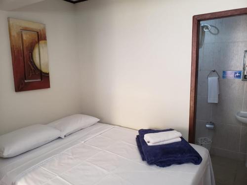 a bedroom with a bed and a bathroom with a shower at Aguas Lindas de Itacuruça in Itacuruçá