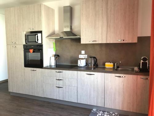 a kitchen with wooden cabinets and a microwave and a sink at Rigoletto Massena in Nice