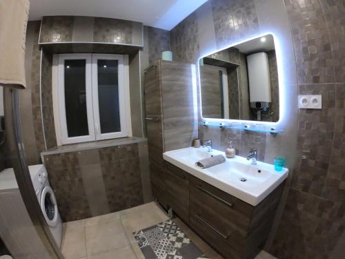 La salle de bains est pourvue d'un lavabo et d'un miroir. dans l'établissement Rigoletto Massena, à Nice