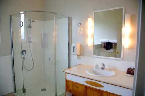 a bathroom with a shower and a sink and a mirror at Touchwood Motor Lodge in Pukekohe East