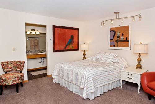 a bedroom with a bed and a desk and a chair at Red Wing Motel in Manitou Springs