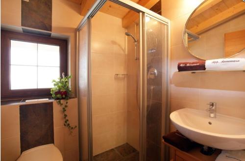 uma casa de banho com um WC, um lavatório e um chuveiro em Appartement Annemarie em Brixen im Thale