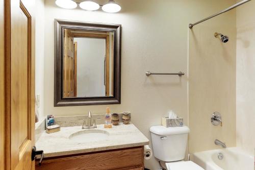 a bathroom with a toilet and a sink and a mirror at Snowfire 314A in Angel Fire