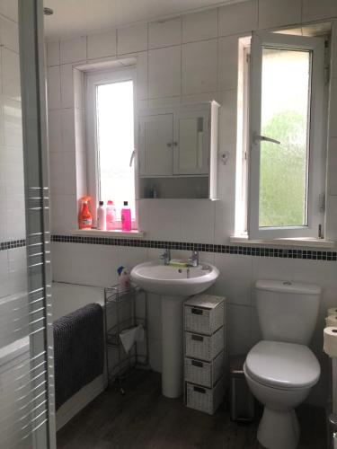 a bathroom with a sink and a toilet and a window at Backhome Flat in Newcastle upon Tyne