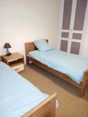 a bedroom with two beds and a lamp on a table at gite les chaumeix in Prondines