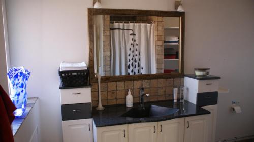 a bathroom with a sink and a mirror at Stor lys lejlighed på Nordmors in Sejerslev