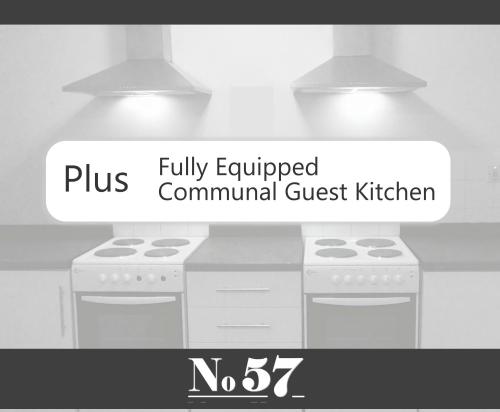a sign that reads flux fully equipped communal guest kitchen at No57 in Crewe