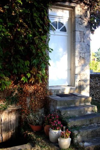 a window on a building with two potted plants at Au Relais de Nèche. in Bègues