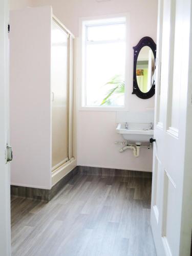 a bathroom with a sink and a mirror at Braemar House B&B and YHA Hostel in Whanganui