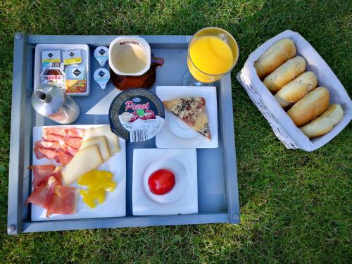 a lunch tray with food and drinks on the grass at Apartmá SunGarden Liberec in Liberec