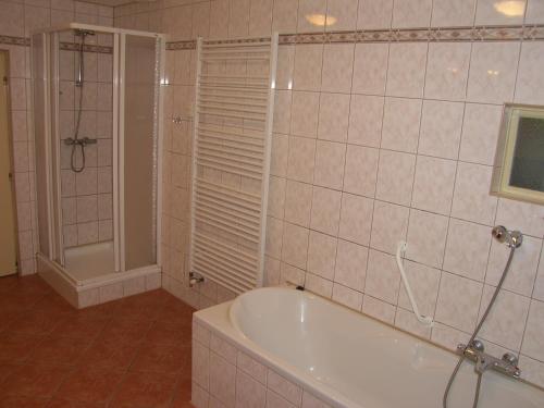 a bathroom with a bath tub and a shower at Holiday Villa Herlikovice in Vrchlabí