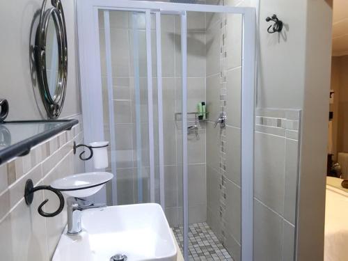 a bathroom with a shower with a sink and a toilet at Welcome Home Cottages in Pietermaritzburg