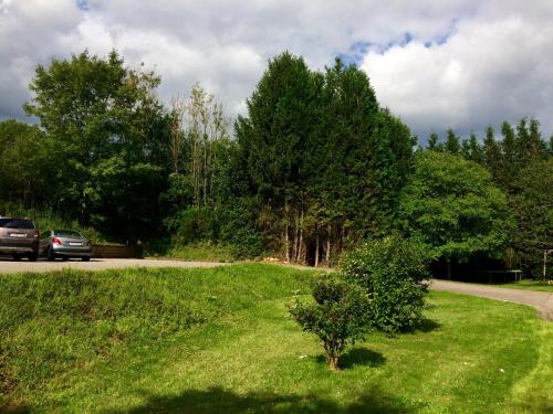 a green field with a car parked on a road at Hotel La Venerie in Virton