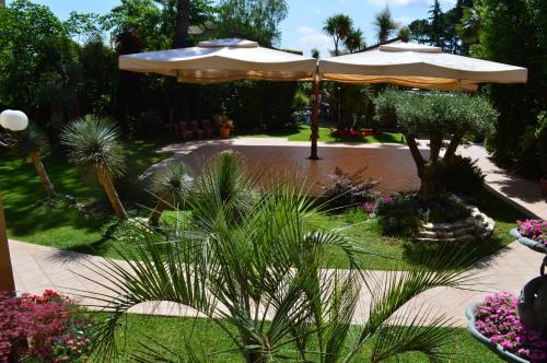 a garden with two umbrellas and plants at Hotel Villa Ida in Ceprano