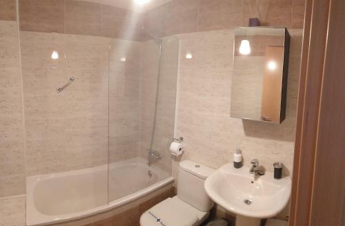 y baño con aseo, lavabo y ducha. en Apartamento Barqueros, 2, en Salamanca