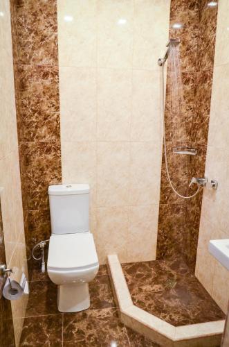 a bathroom with a shower and a toilet and a sink at Rubin Hotel in Goris