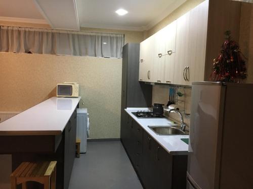 a small kitchen with a sink and a refrigerator at Вилла с комфортом in Bakuriani