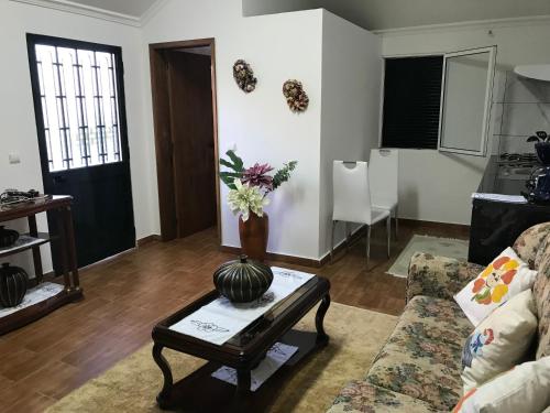 uma sala de estar com um sofá e uma mesa com flores em Estudio Laura em Palmeira