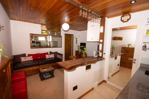 cocina y sala de estar con sofá y mesa en Departamento céntrico San Martín de los Andes en San Martín de los Andes