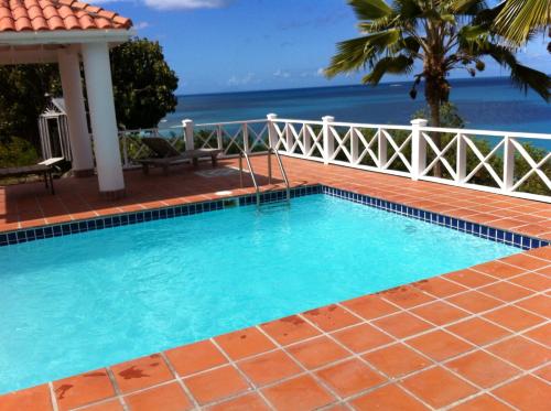 a swimming pool with the ocean in the background at Aloe Villa in Five Islands Village
