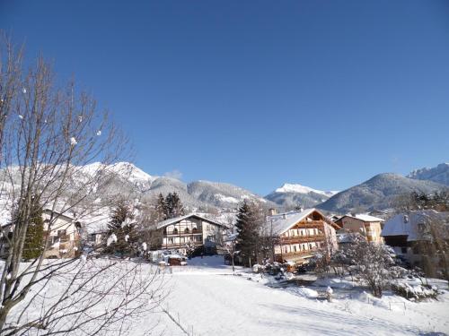 a snow covered village with mountains in the background at Albergo Bellaria in Carano