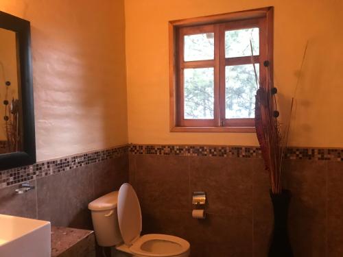 a bathroom with a toilet and a window at Caba&ntilde;a DNellys Maryana in Mazamitla