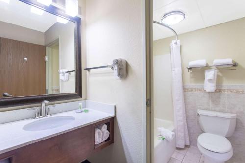 a bathroom with a sink and a toilet and a mirror at AmericInn by Wyndham Sheboygan in Sheboygan
